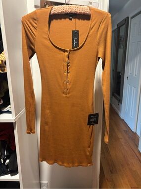 Lulu's Mustard Ribbed Henley Long Sleeve Dress Top